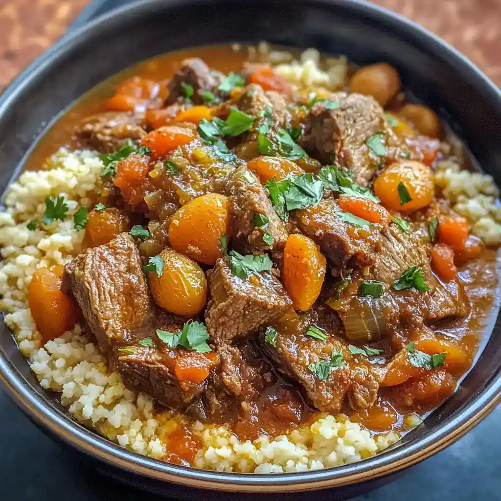 Hearty beef stew with carrots and vegetables served over fluffy couscous, perfect for comforting meals.