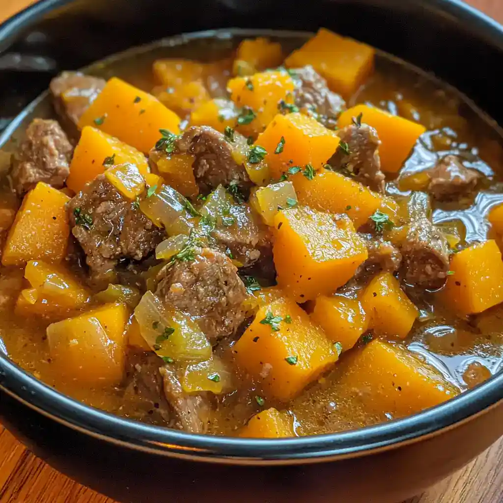Hearty beef and butternut squash stew in a black bowl, garnished with fresh herbs, showcasing tender meat and vibrant orange squash pieces.