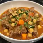 Hearty beef and chickpea stew with carrots and herbs in a white bowl, perfect for comforting meals.