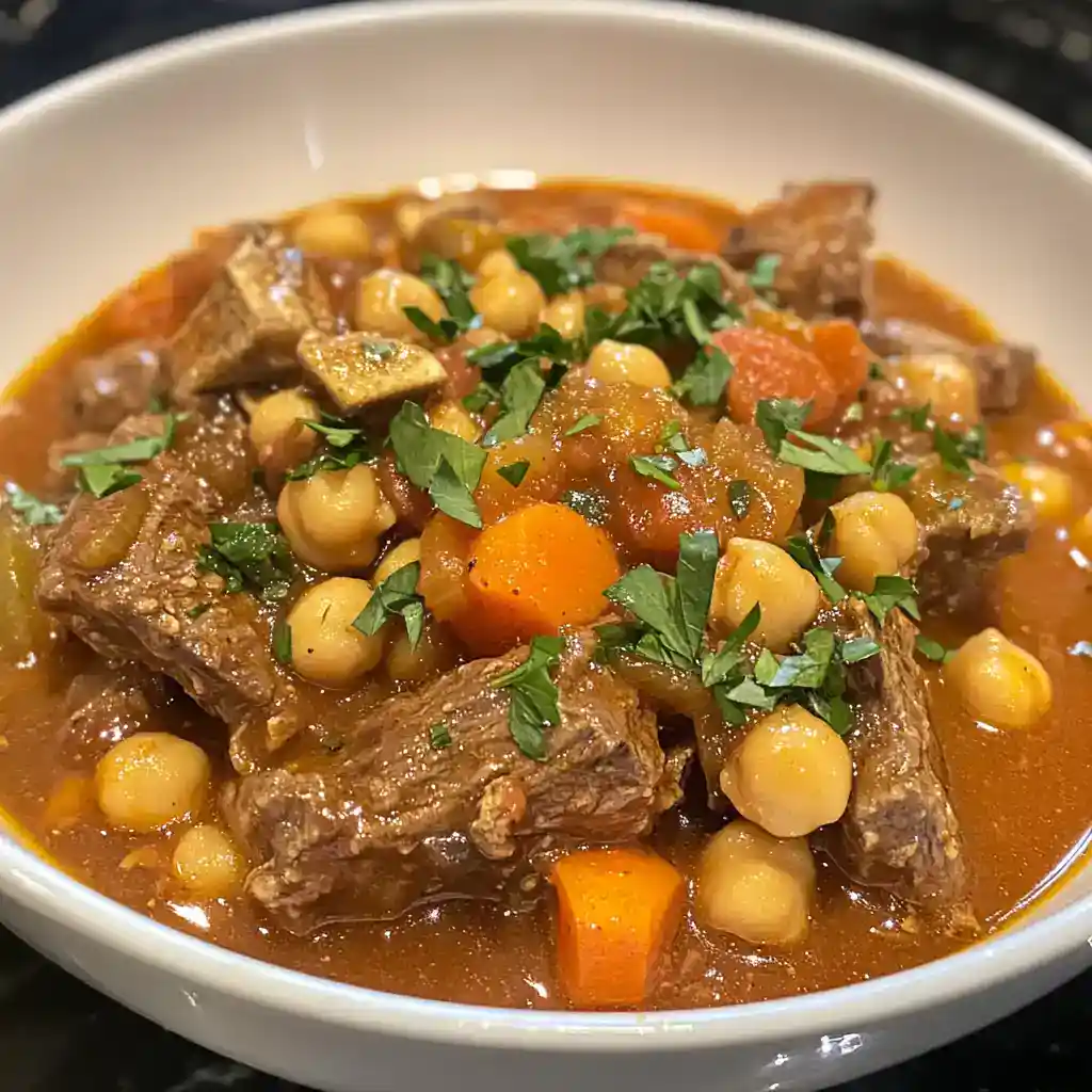Hearty beef and chickpea stew with carrots and herbs in a white bowl, perfect for comforting meals.