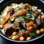 Hearty beef stew featuring tender beef chunks, carrots, celery, and chickpeas in a rich, savory broth, garnished with fresh cilantro. Perfect for comforting meals and cold weather.