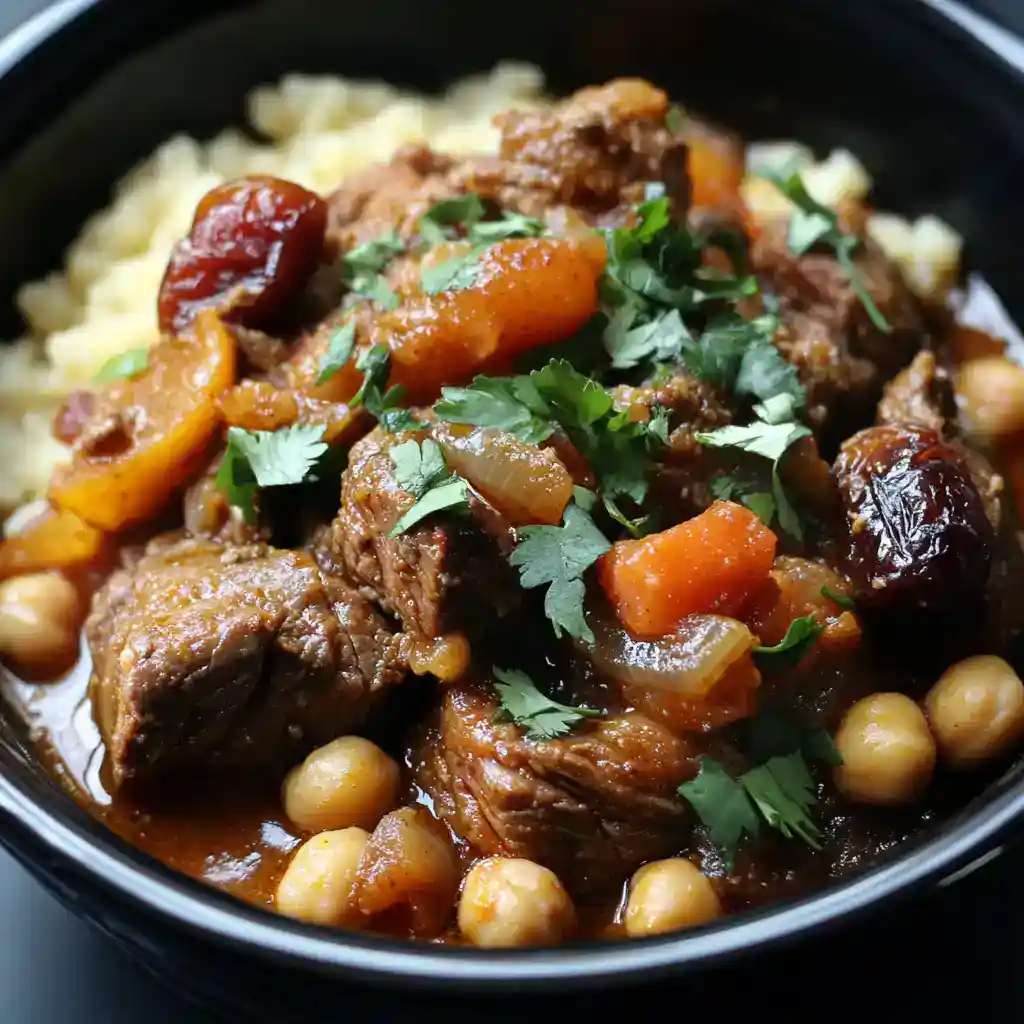 Hearty beef stew featuring tender beef chunks, carrots, celery, and chickpeas in a rich, savory broth, garnished with fresh cilantro. Perfect for comforting meals and cold weather.