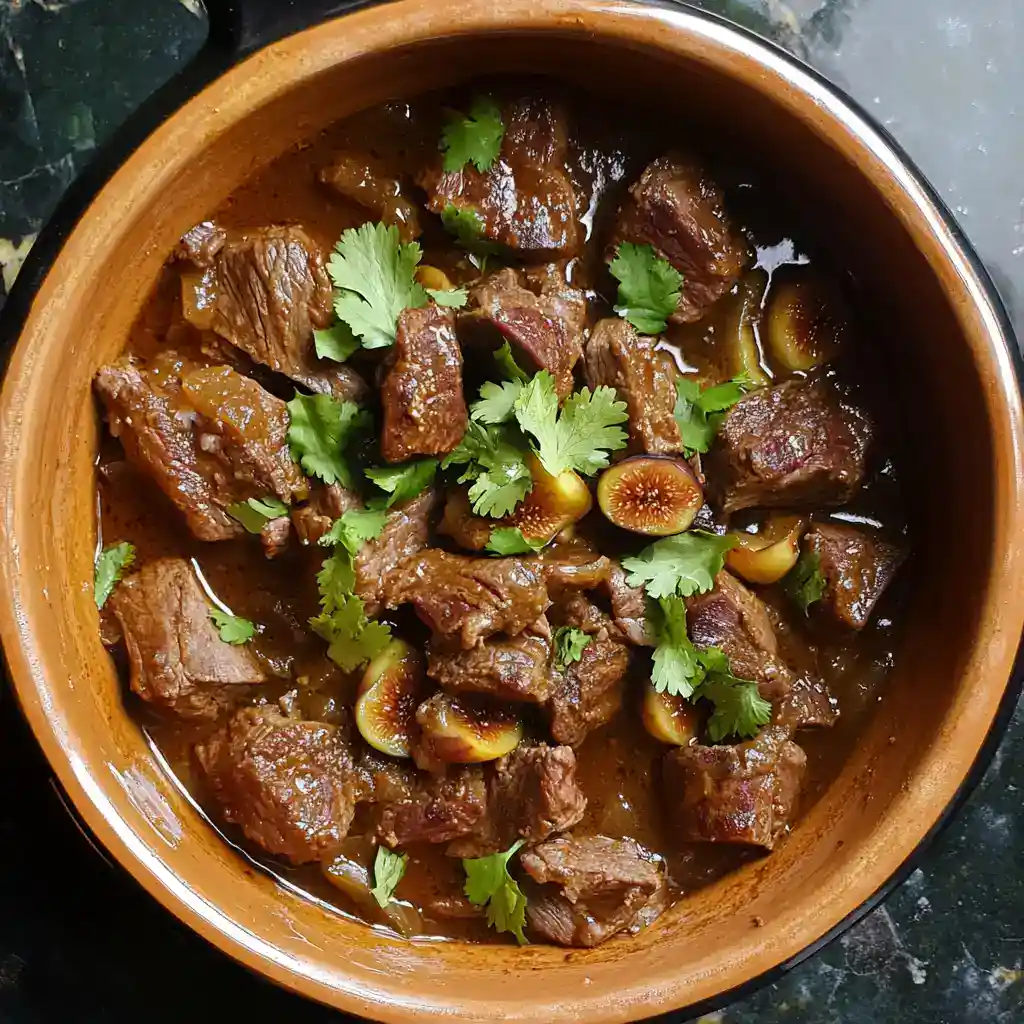 Delicious beef stew with garlic, cilantro, and savory sauce served in a rustic bowl. Perfect comfort food for any occasion.