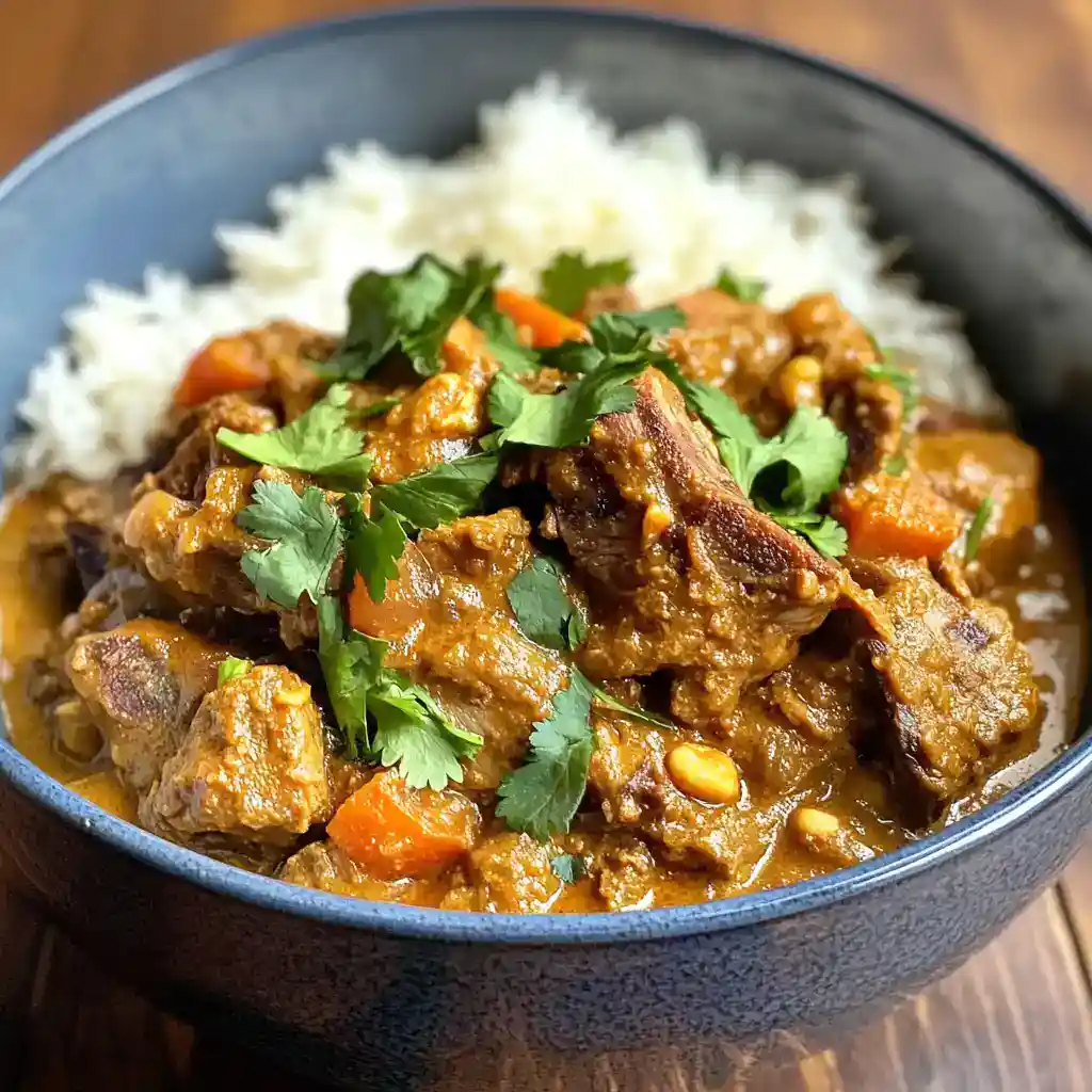 Hearty beef stew with carrots and herbs served over rice in a black bowl, perfect for comfort food lovers.