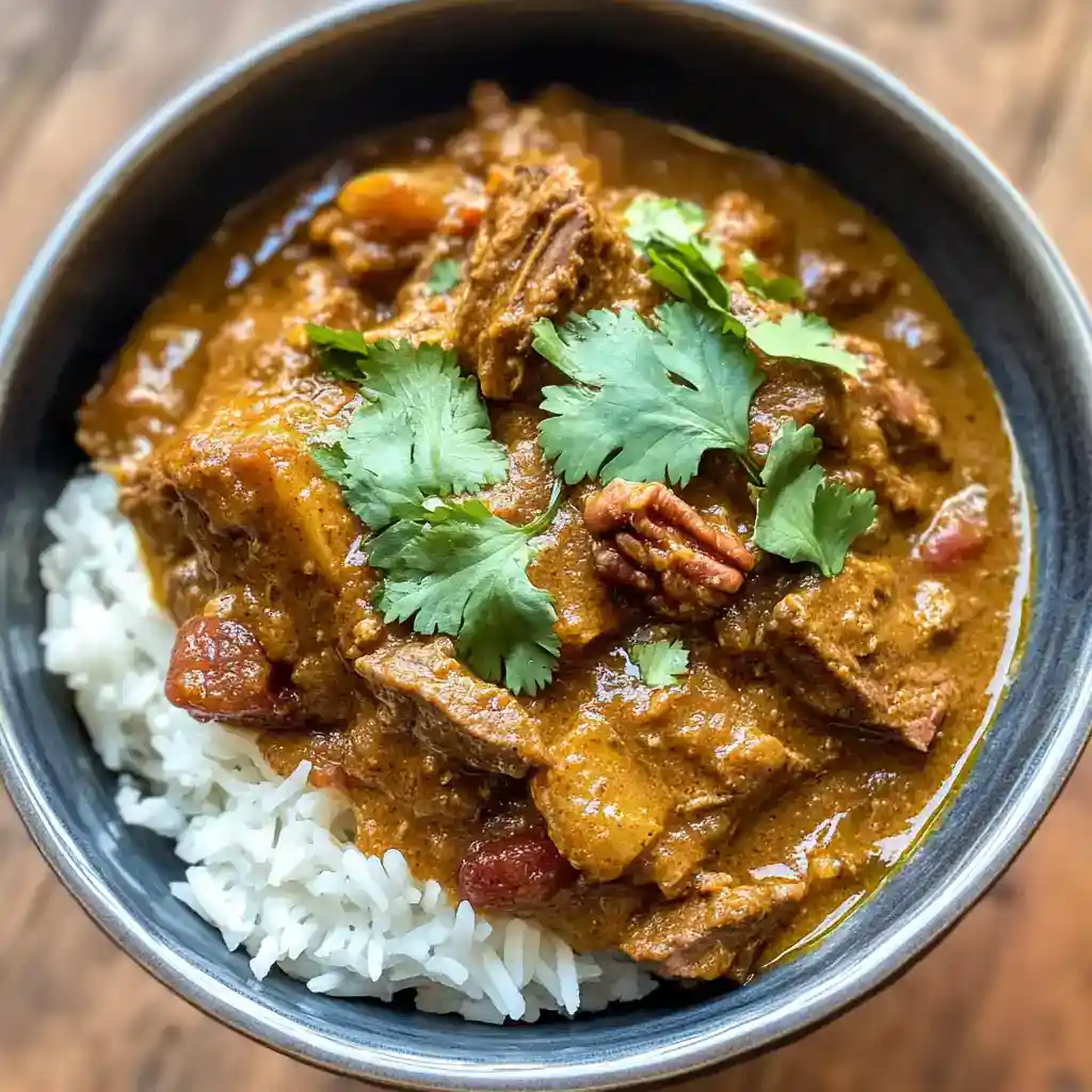 Delicious beef curry served over white rice, garnished with fresh cilantro, showcasing a hearty and flavorful dish perfect for comfort food lovers.