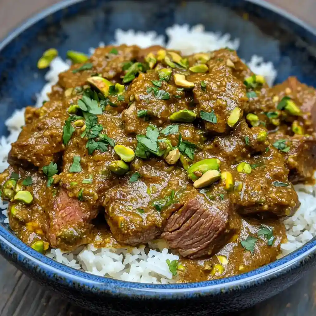 Delicious beef curry served over white rice, garnished with chopped pistachios and fresh herbs, perfect for a hearty meal.