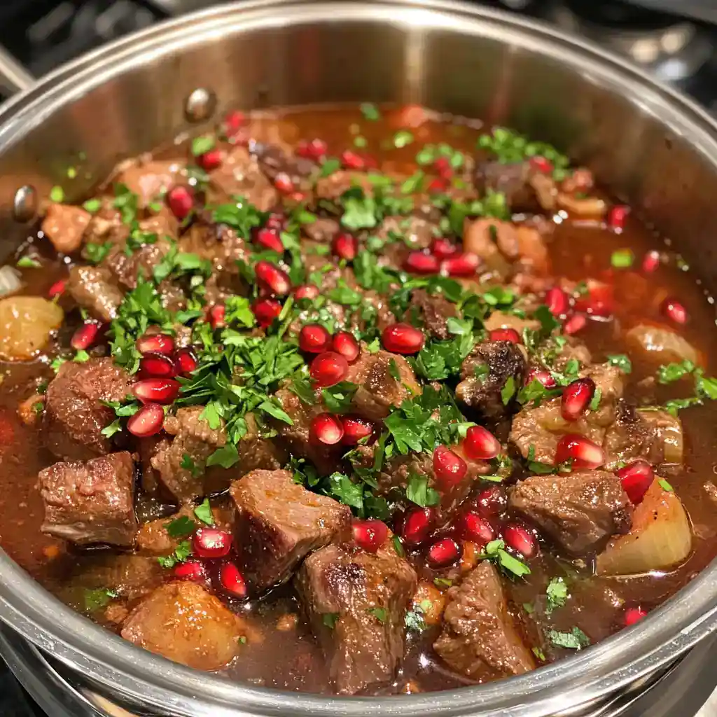 Hearty beef stew with tender meat, garnished with fresh herbs and pomegranate seeds in a stainless steel pot.