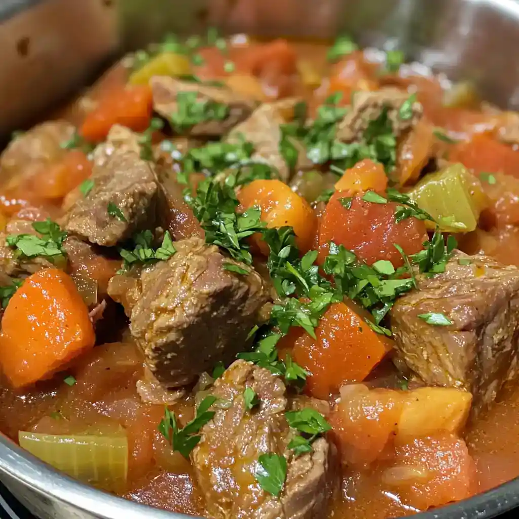 Hearty beef stew with tender beef chunks, carrots, celery, and fresh herbs in a rich tomato-based broth. Perfect comfort food for cold days.
