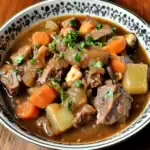 Delicious beef stew with carrots, potatoes, and herbs in a bowl, perfect for comforting meals.