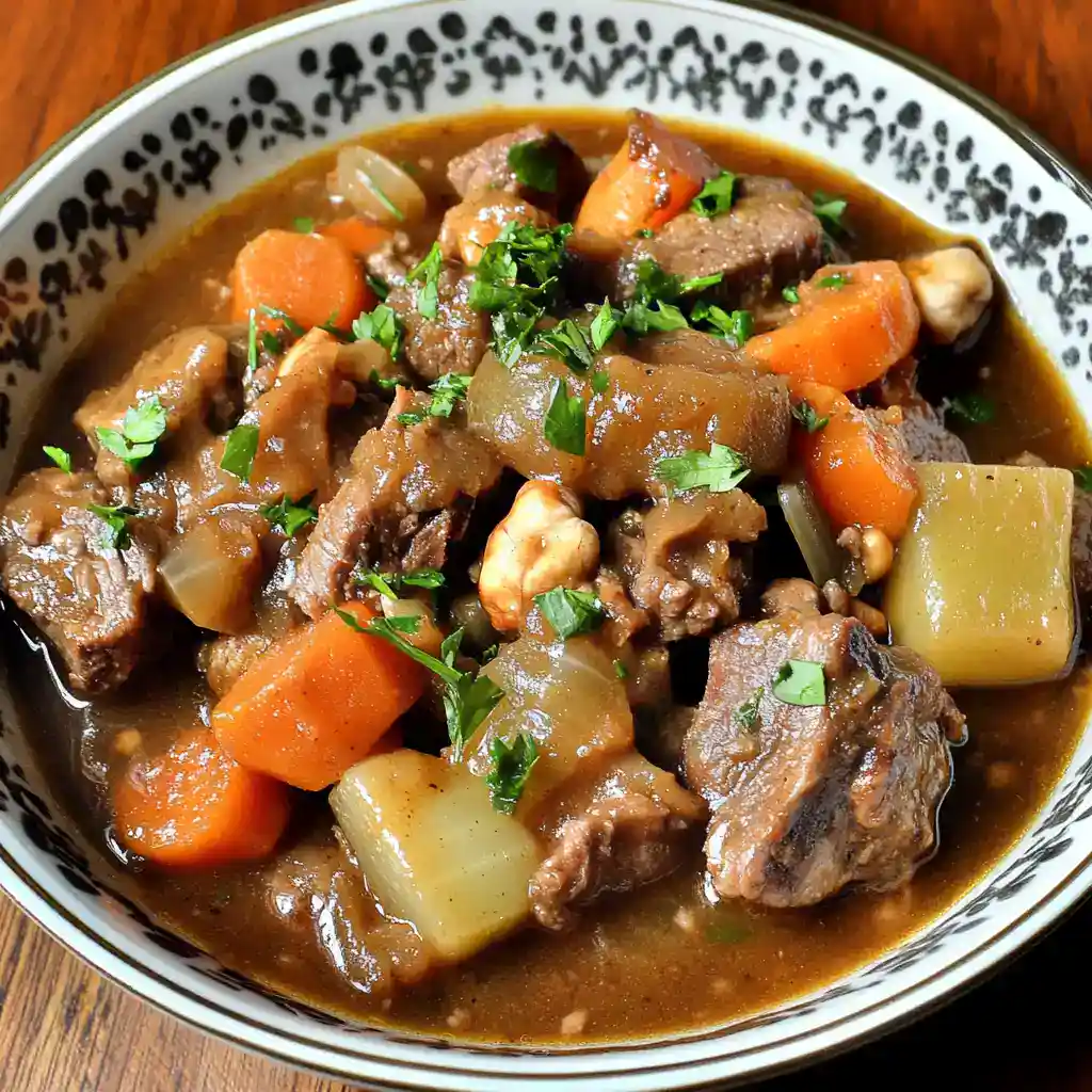 Delicious beef stew with carrots, potatoes, and herbs in a bowl, perfect for comforting meals.