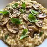 Delicious mushroom risotto garnished with fresh basil leaves, served hot and creamy, perfect for a comforting meal.