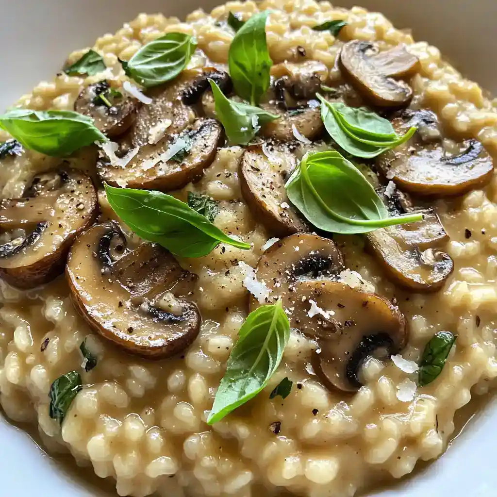 Delicious mushroom risotto garnished with fresh basil leaves, served hot and creamy, perfect for a comforting meal.