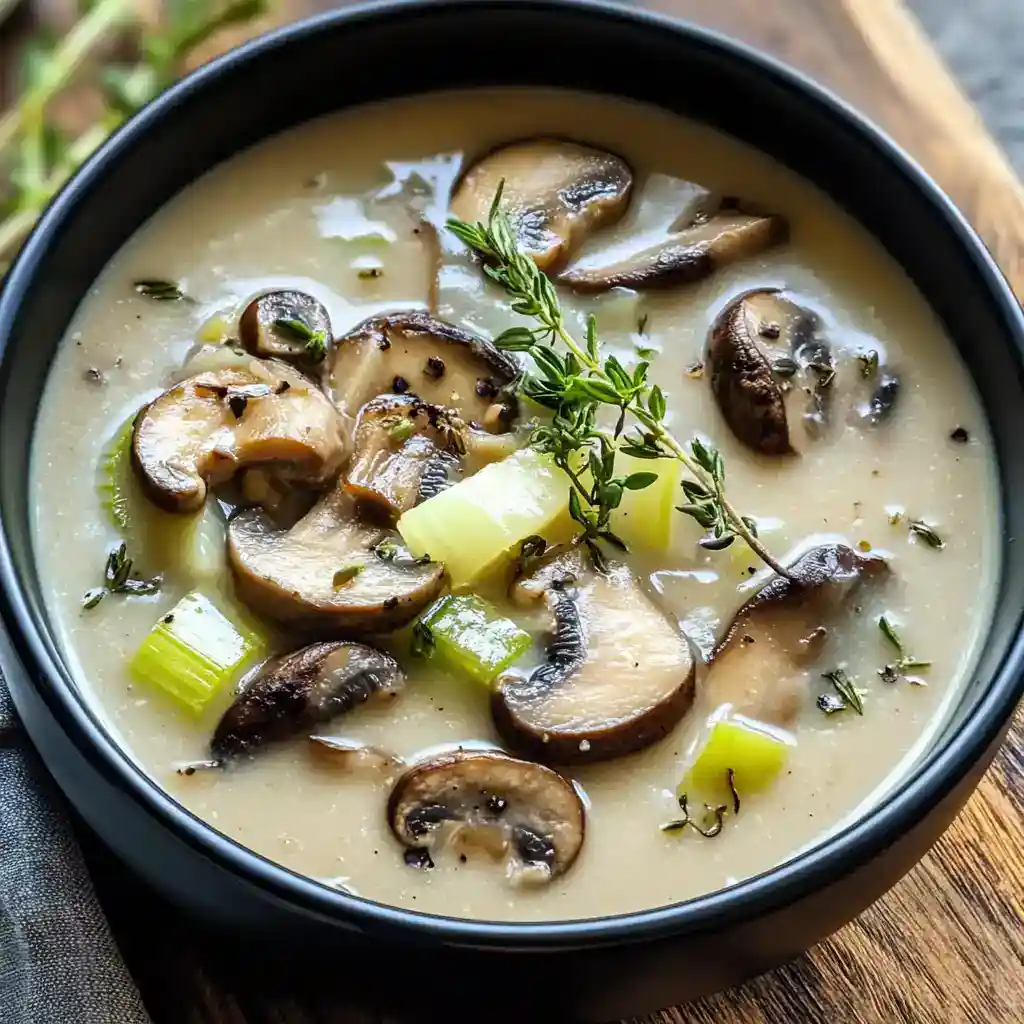 Creamy mushroom and celery soup garnished with fresh thyme in a black bowl, perfect for cozy meals.
