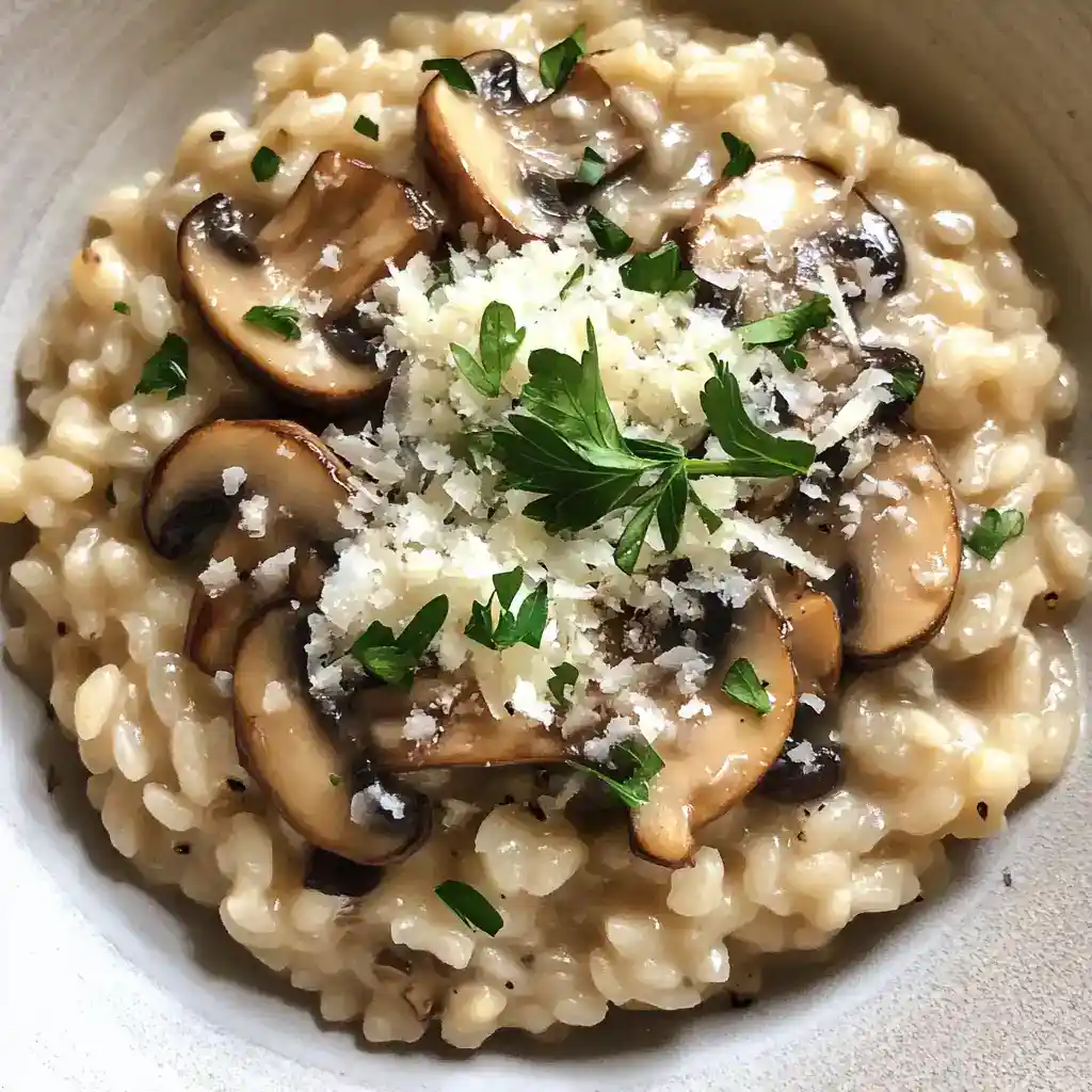 Delicious creamy mushroom risotto garnished with fresh parsley and grated cheese, perfect for a comforting meal.