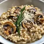 Delicious creamy mushroom risotto garnished with fresh rosemary, perfect for a comforting meal.