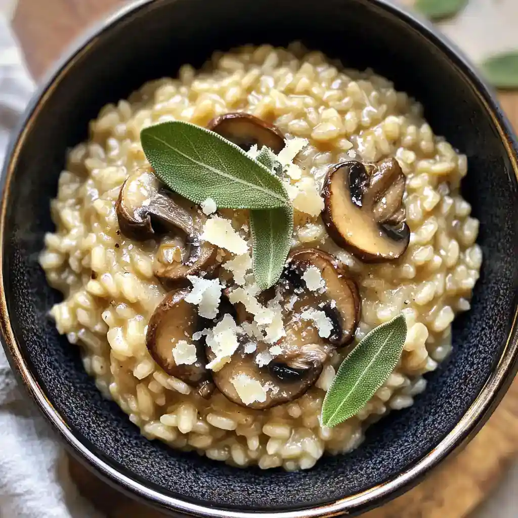 Delicious creamy mushroom risotto garnished with sage leaves and grated cheese in a black bowl, perfect for a comforting meal.