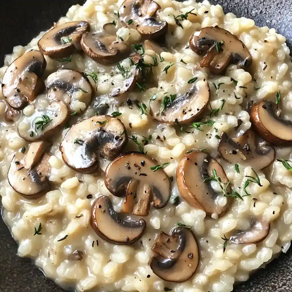 Delicious creamy mushroom risotto garnished with fresh herbs, perfect for a comforting meal.