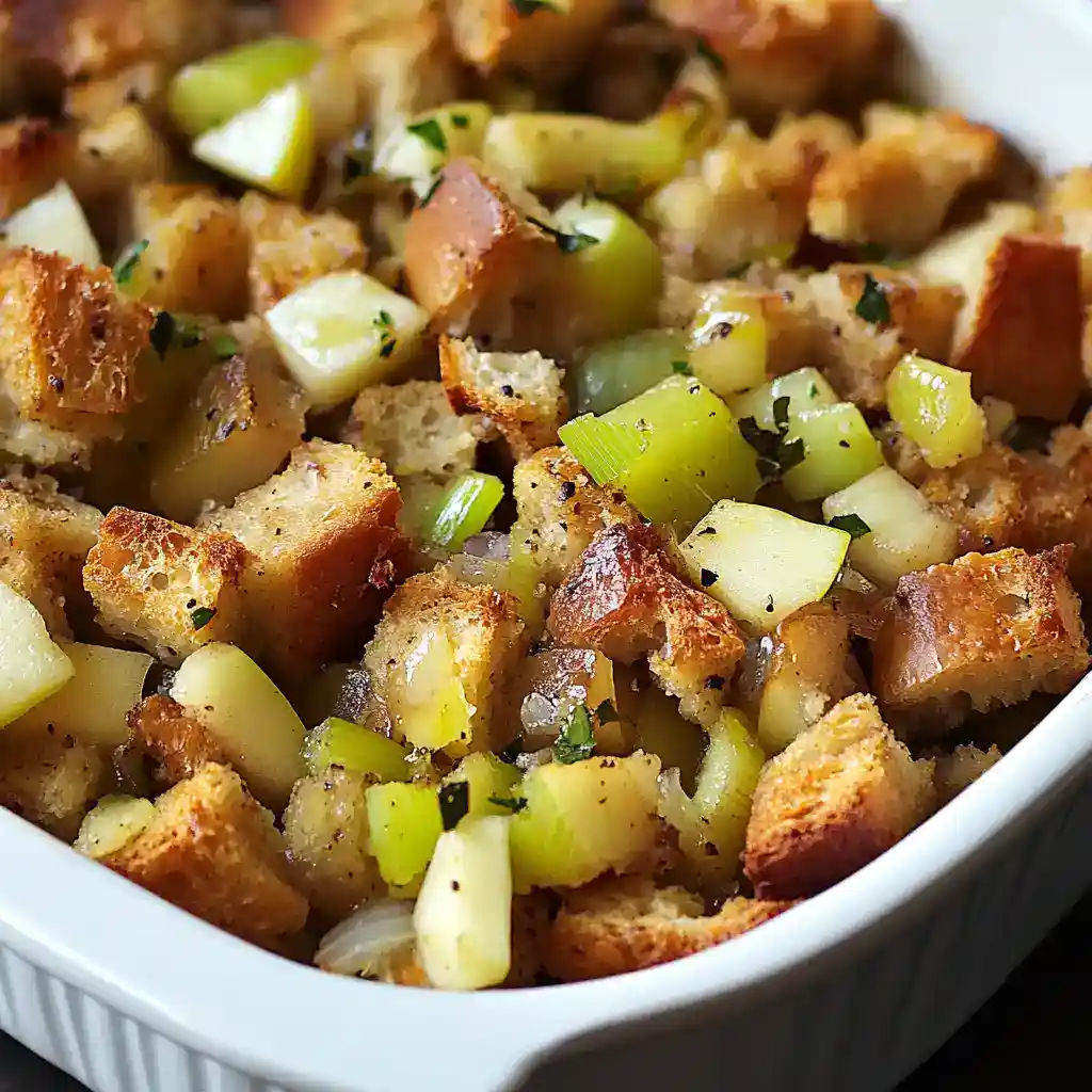Delicious homemade stuffing with crispy bread crumbs, fresh herbs, and tender celery, perfect for holiday dinners and family gatherings.