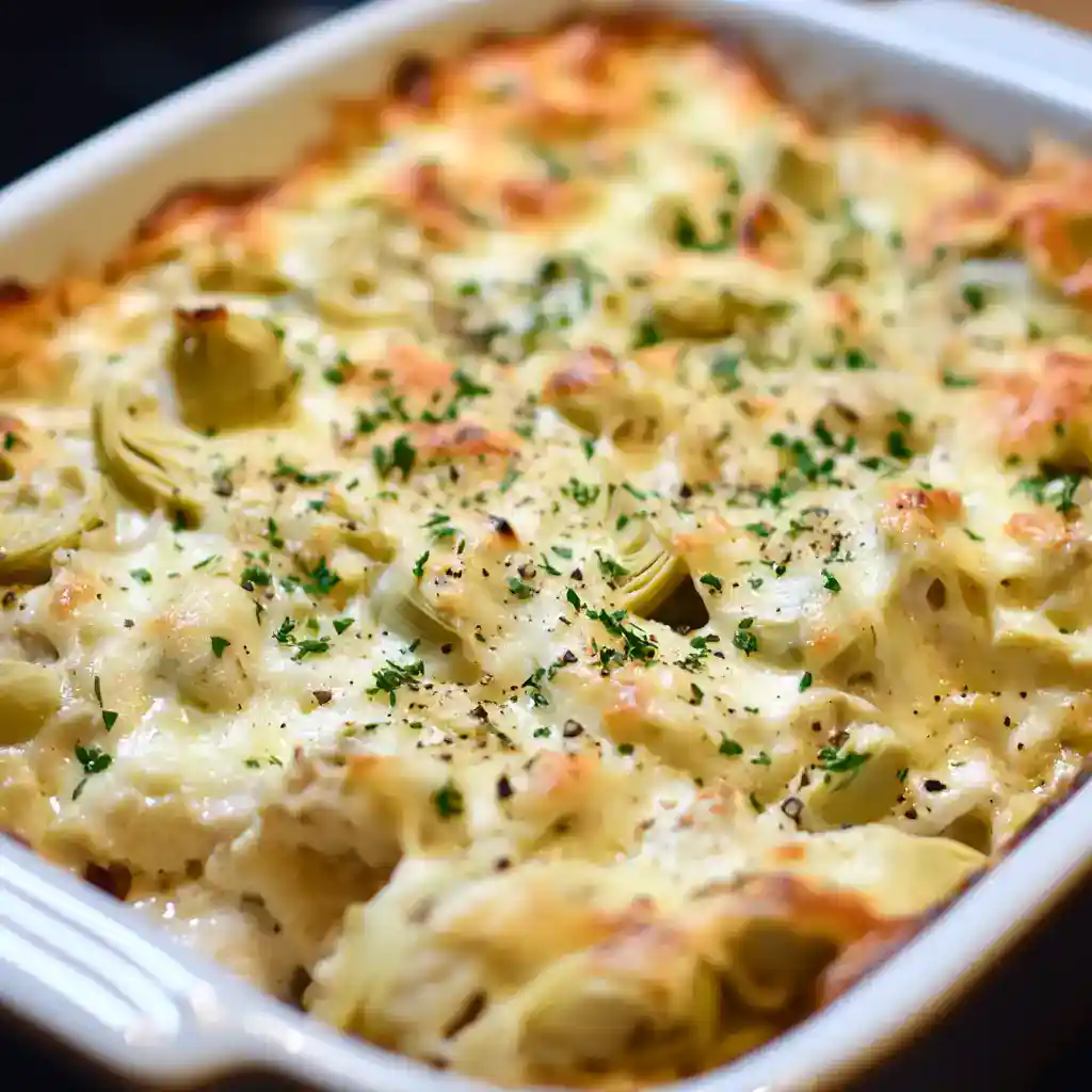 Delicious baked artichoke pasta casserole topped with melted cheese and herbs, perfect for a comforting family dinner or special occasion.