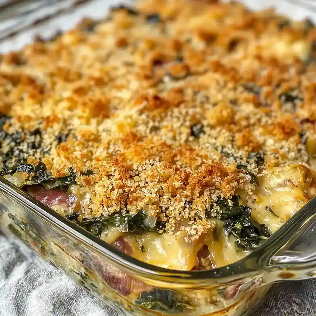 Delicious baked kale and cheese casserole with crispy breadcrumb topping, perfect for healthy family dinners and comfort food.