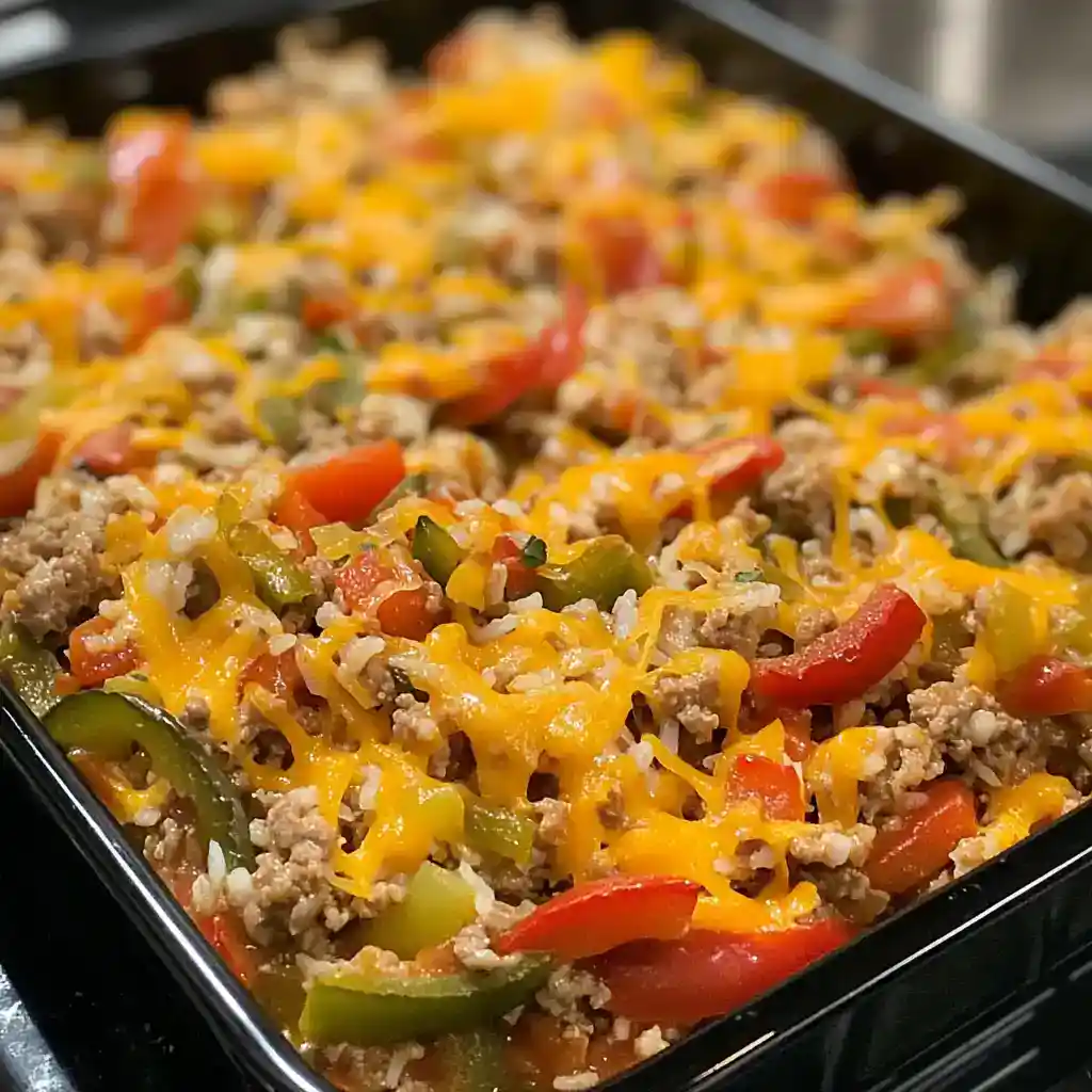 Delicious cheesy ground beef casserole with colorful bell peppers and seasoned ground beef, perfect for family dinners and meal prep.
