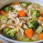 Hearty chicken and vegetable soup with broccoli, carrots, and celery in a clear broth, perfect for a nutritious meal.