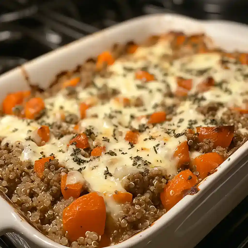An inviting baked lentil casserole with tender carrots, melted cheese, and herbs, perfect for a nutritious and comforting meal.