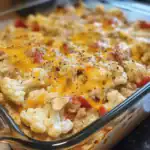 Delicious cheesy cauliflower breakfast casserole with eggs, bacon, and vegetables, baked to perfection. A healthy, flavorful start to your day.