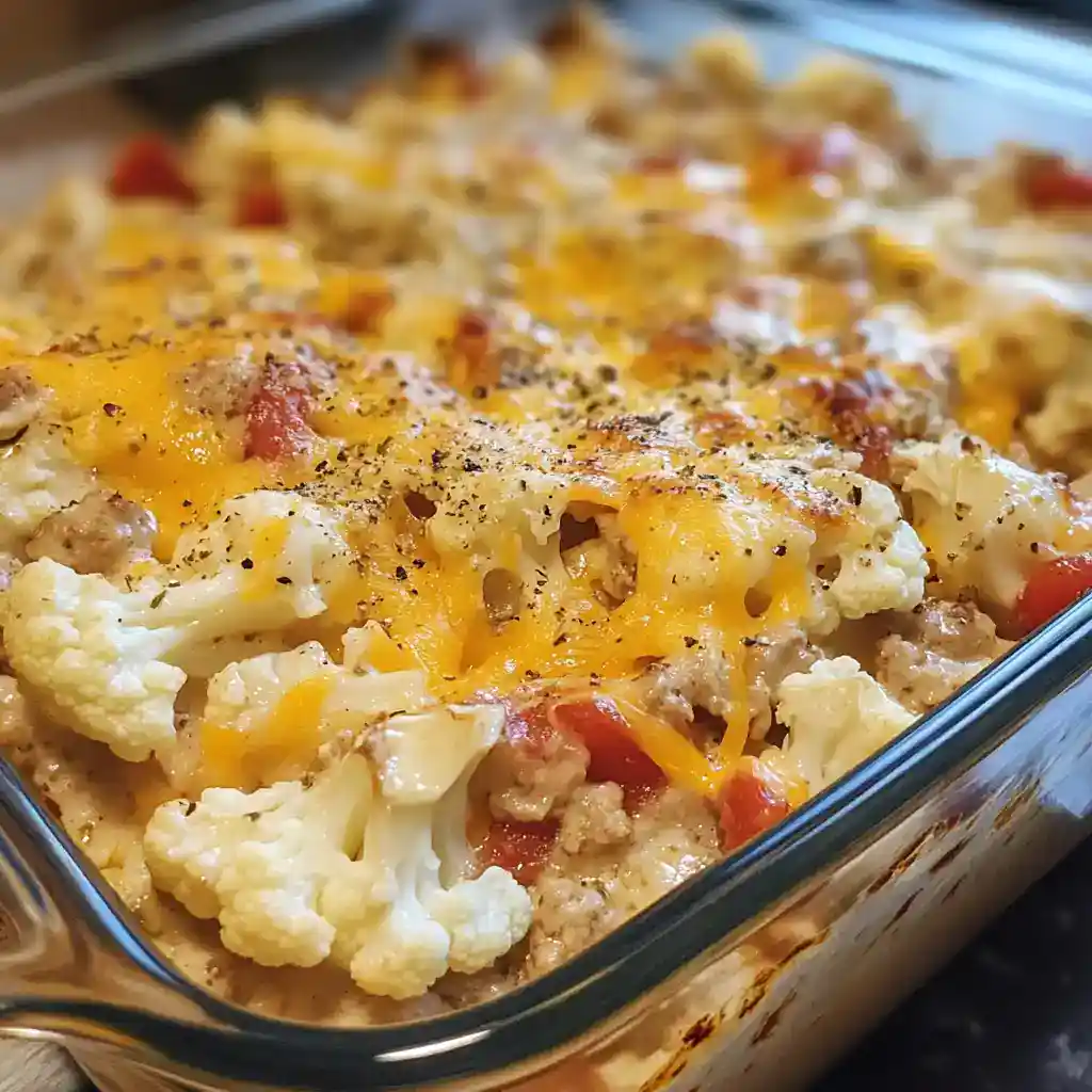 Delicious cheesy cauliflower breakfast casserole with eggs, bacon, and vegetables, baked to perfection. A healthy, flavorful start to your day.