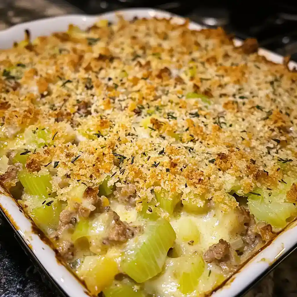 Delicious baked casserole with ground beef, celery, and a crispy breadcrumb topping, perfect for family dinners.