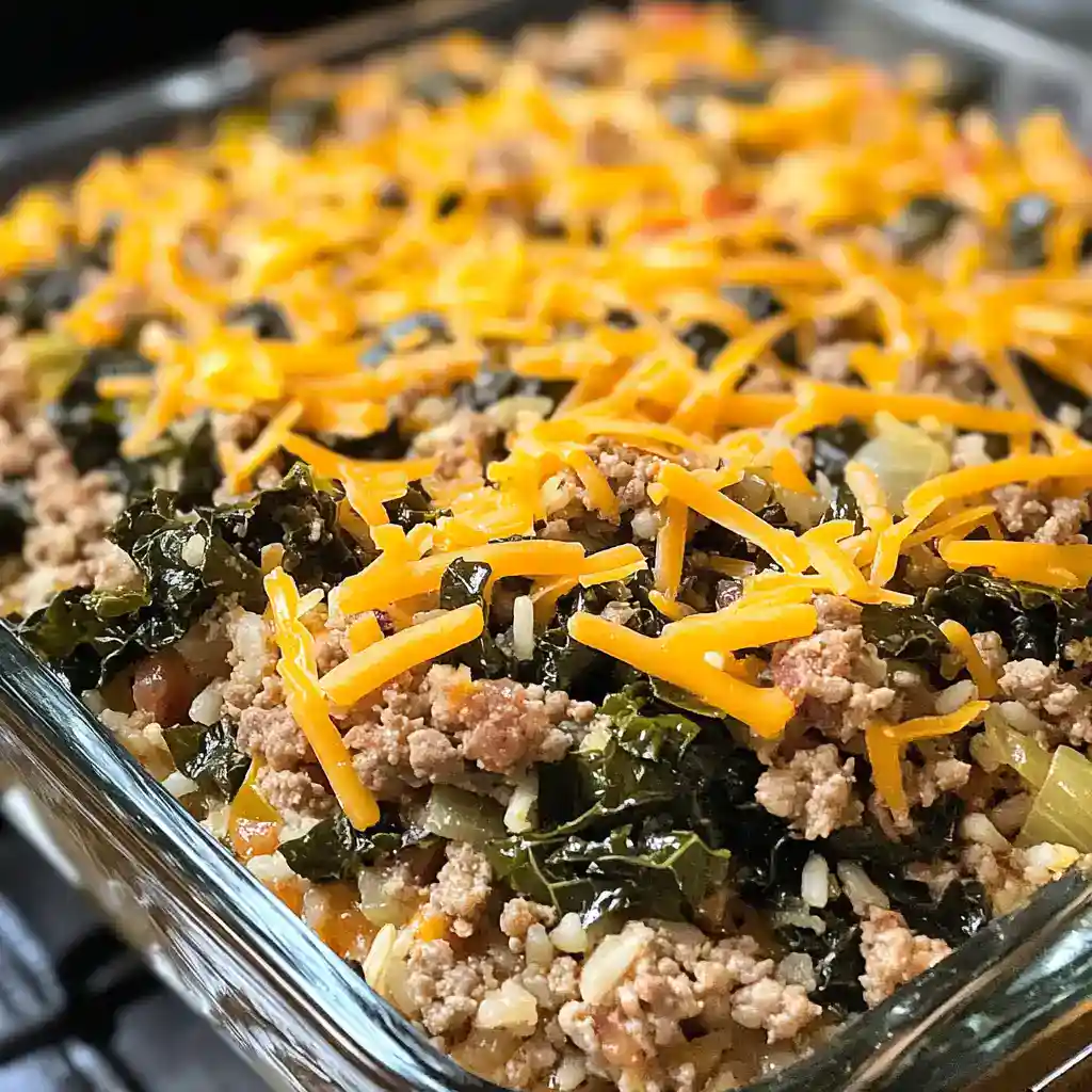 Delicious baked casserole with ground beef, kale, and melted cheddar cheese, perfect for a hearty family dinner.