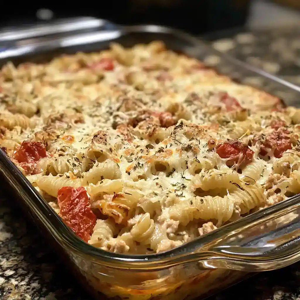 A delicious baked pasta casserole featuring pasta, tomatoes, and herbs, topped with melted cheese. Perfect comfort food for family dinners and gatherings.