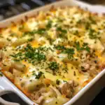 Delicious cheesy ground beef pasta bake topped with fresh herbs, perfect for family dinners and comfort food lovers.