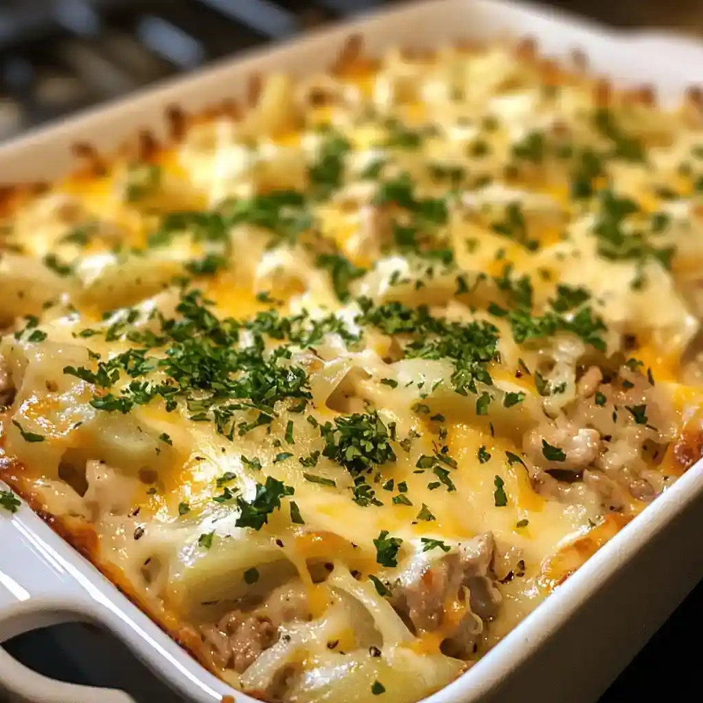 Delicious cheesy ground beef pasta bake topped with fresh herbs, perfect for family dinners and comfort food lovers.