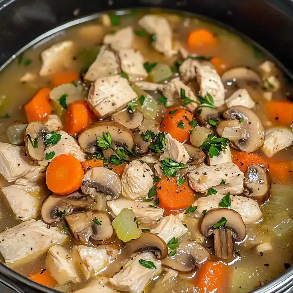Hearty chicken and vegetable soup with carrots, mushrooms, and celery, garnished with fresh herbs, served in a black pot.