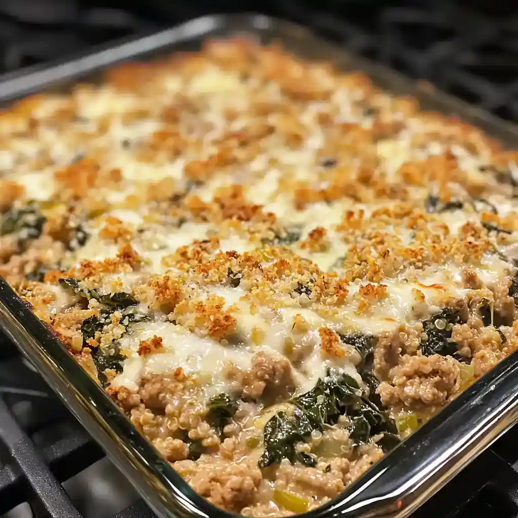 Delicious vegetable and ground meat casserole topped with crispy breadcrumbs, baked to perfection in a glass dish.