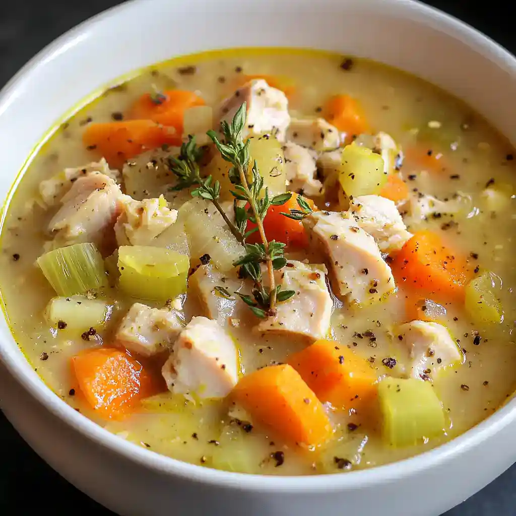 Hearty chicken and vegetable soup with carrots, celery, and herbs in a white bowl.