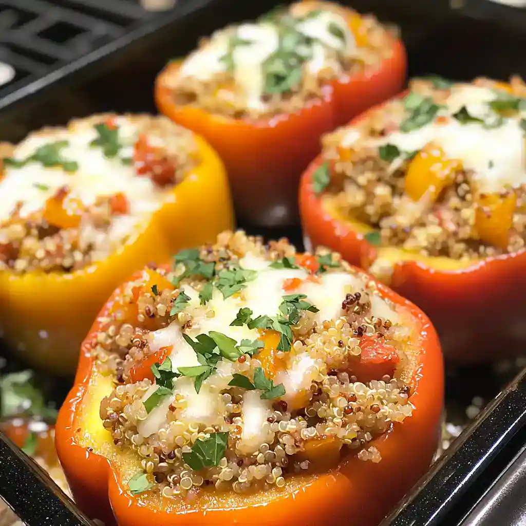 Colorful stuffed bell peppers filled with quinoa, vegetables, and melted cheese, served fresh on a black tray. Perfect healthy meal or appetizer.