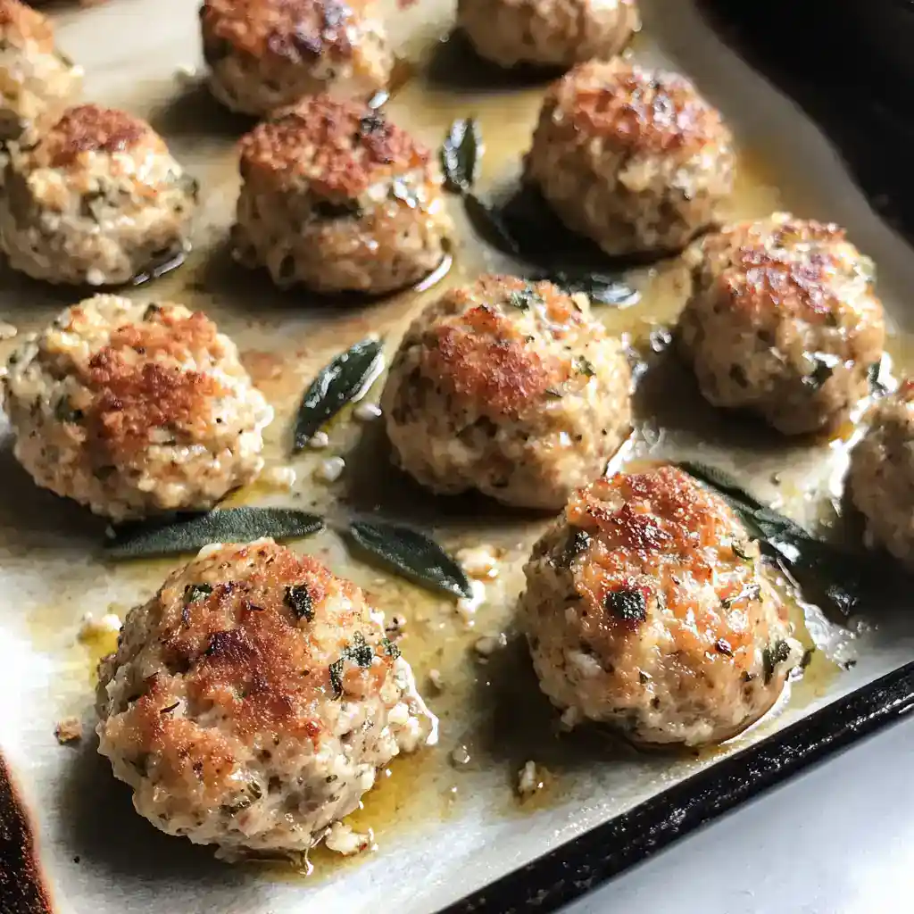 Delicious homemade meatballs cooked with fresh sage and garlic, served on a baking sheet with flavorful juices. Perfect for appetizers or family dinners.
