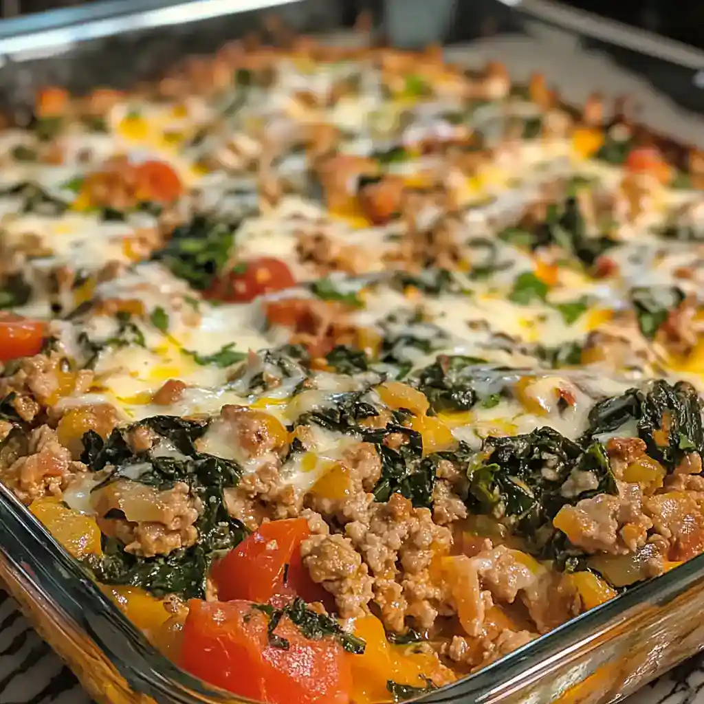 Delicious ground beef casserole with vegetables, cheese, and herbs, baked to perfection. A hearty and flavorful dish perfect for family dinners.