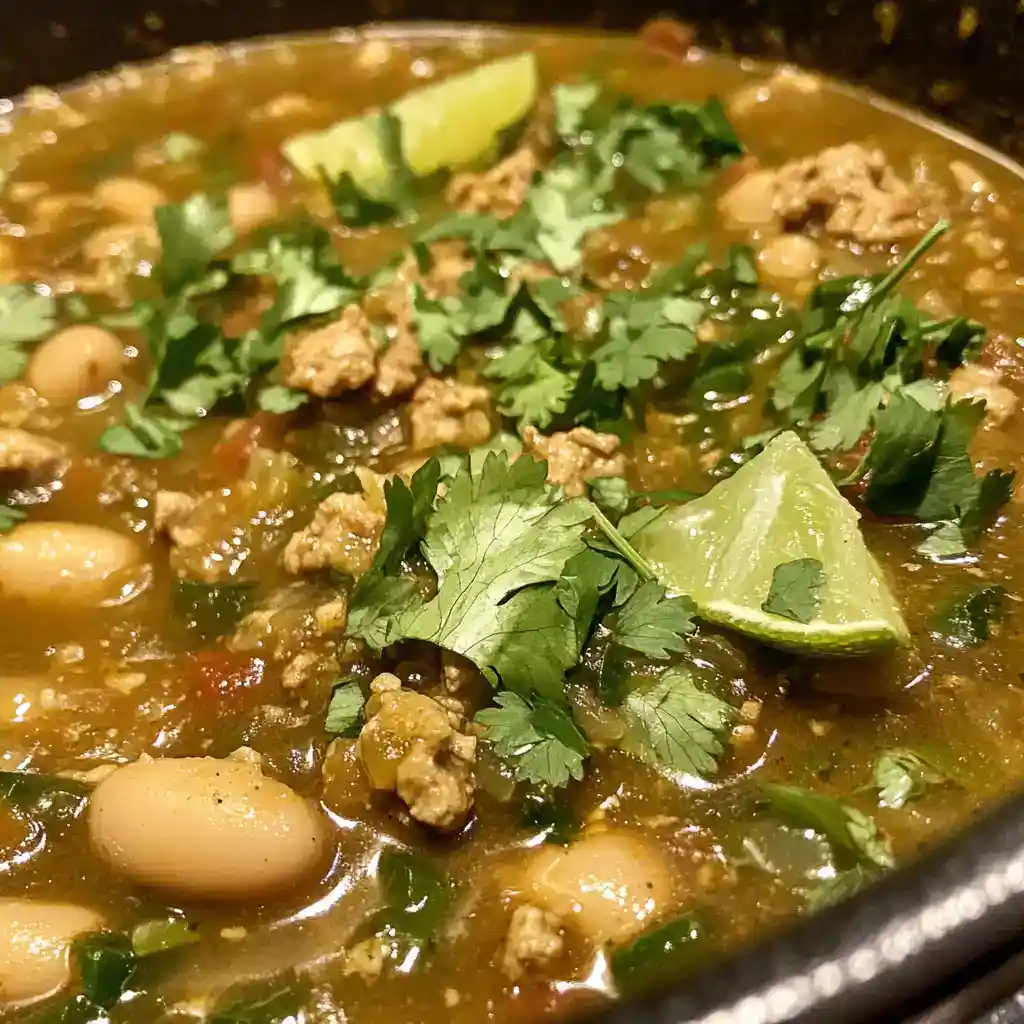 Hearty chili lime bean soup with ground meat, beans, fresh cilantro, and lime wedges in a black pot. Perfect for a comforting meal.