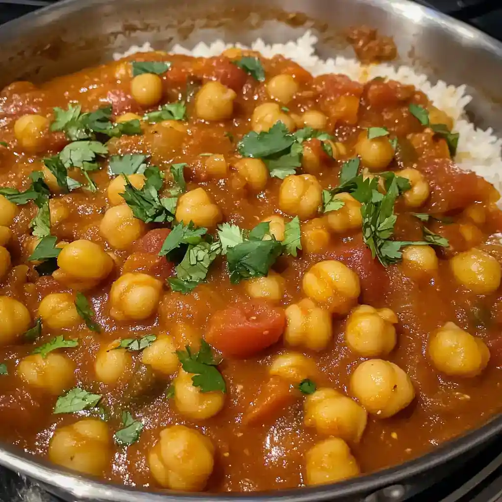 Vegetarian chickpea curry served over fluffy white rice, garnished with fresh cilantro. Perfect for a nutritious and flavorful meal.
