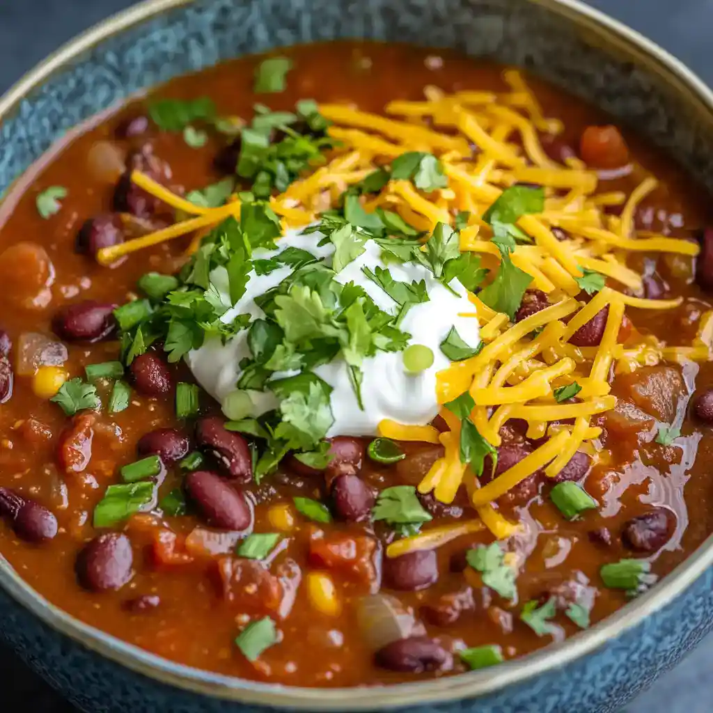 Hearty bean chili topped with shredded cheese, sour cream, and fresh cilantro in a rustic bowl. Perfect for cozy meals and easy dinner ideas.