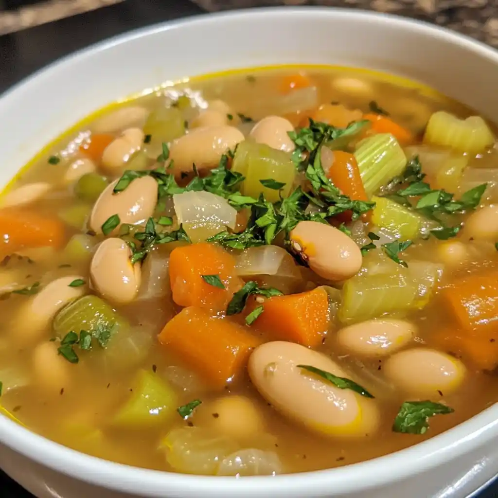Hearty vegetable bean soup with carrots, celery, and herbs in a white bowl, perfect for a nutritious meal.