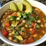 Delicious bean and vegetable soup garnished with fresh cilantro, avocado slices, and lime wedges in a white bowl, perfect for a nutritious meal.