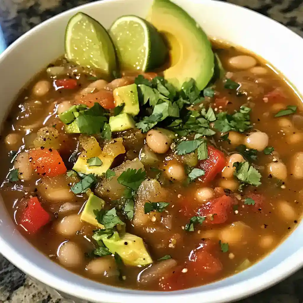 Delicious bean and vegetable soup garnished with fresh cilantro, avocado slices, and lime wedges in a white bowl, perfect for a nutritious meal.